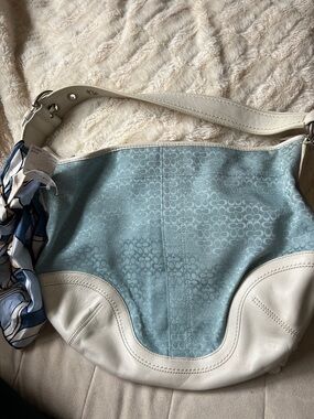 Coach Blue, Light Blue and Gold Patterned Silk Scarf
